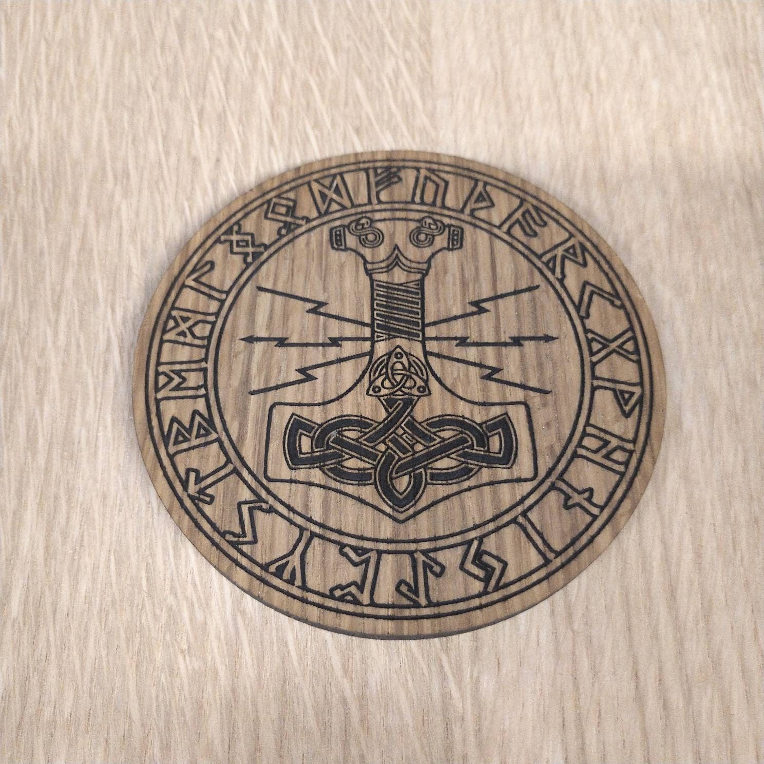Laser cut wooden coaster personalised. Thor Hammer Mjolnir Nordic Viking