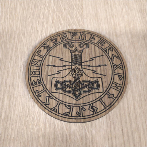 Laser cut wooden coaster personalised. Thor Hammer Mjolnir Nordic Viking