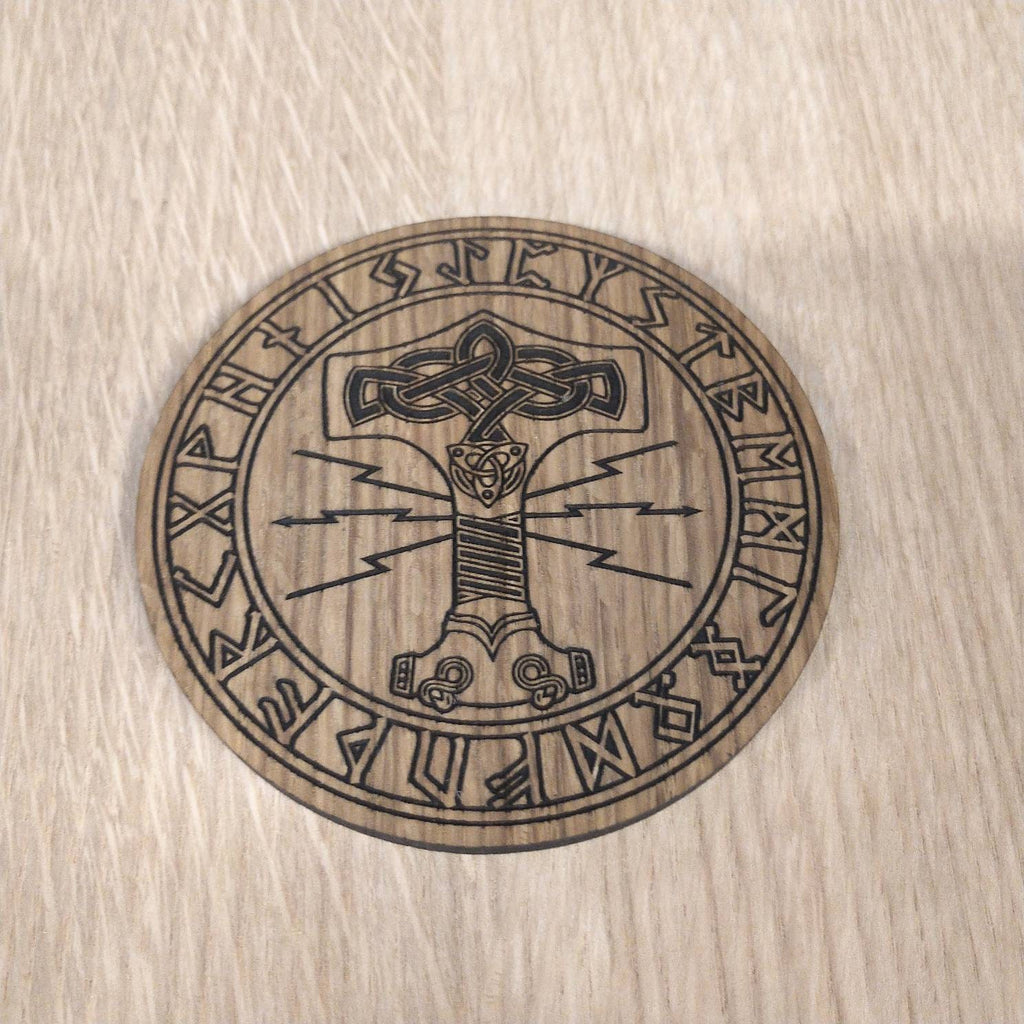 Laser cut wooden coaster personalised. Thor Hammer Mjolnir Nordic Viking