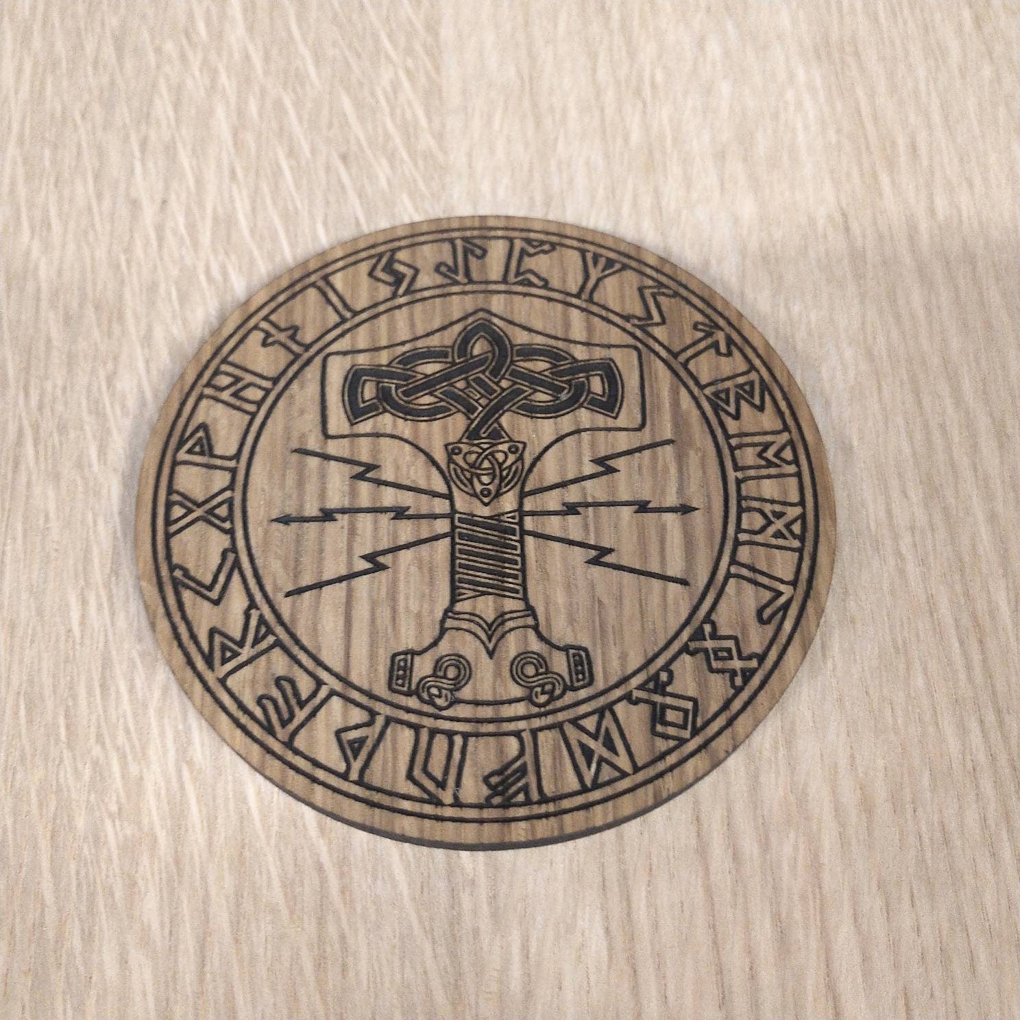 Laser cut wooden coaster personalised. Thor Hammer Mjolnir Nordic Viking