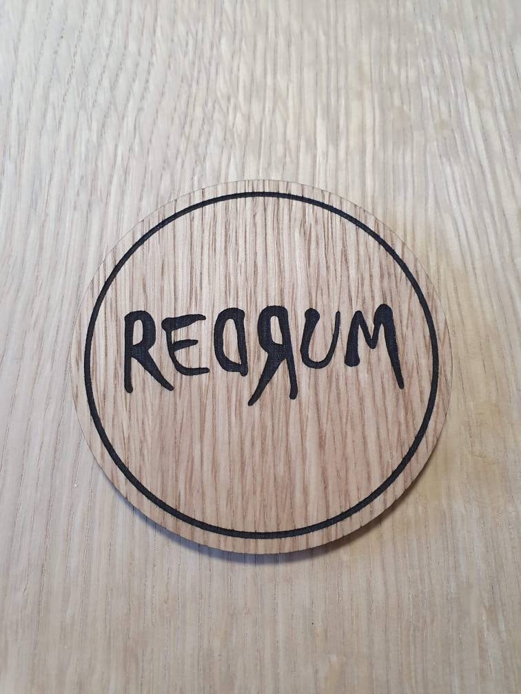 Laser cut wooden coaster personalised. The Shining Redrum