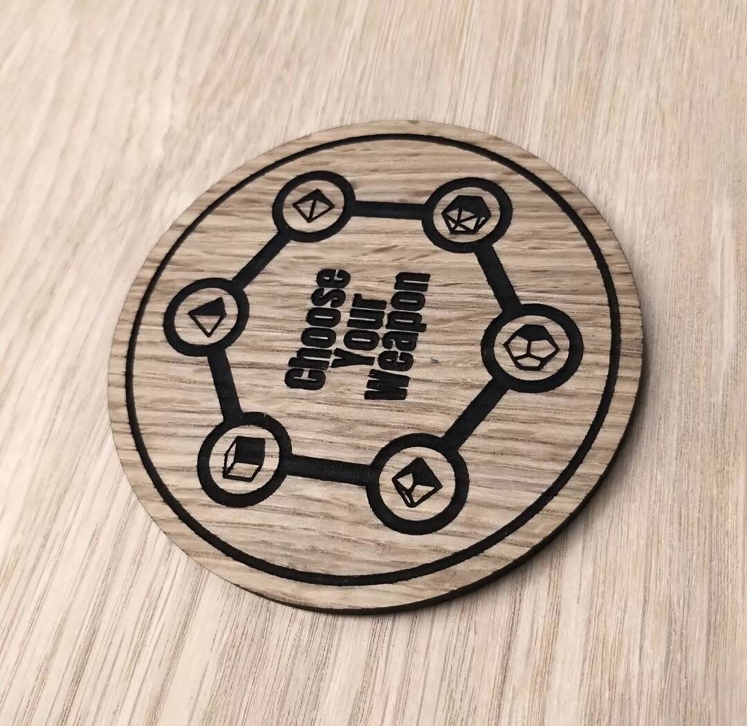 Laser cut wooden coaster personalised. Dungeon master fantasy role play dice die weapon