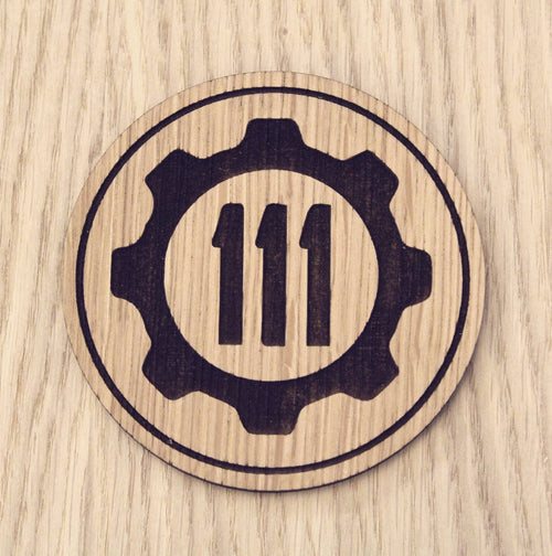 Laser cut wooden coaster personalised. vault 111