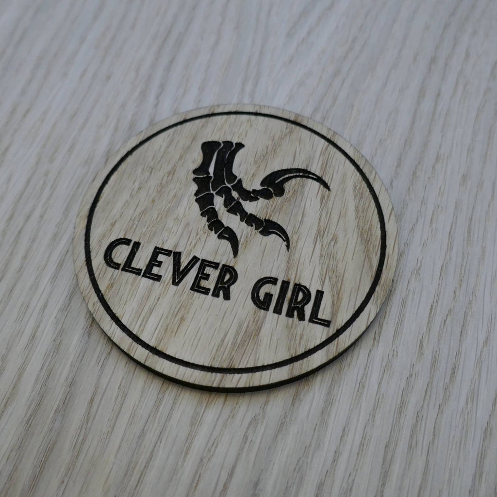 Laser cut wooden coaster personalised. clever girl raptor claw