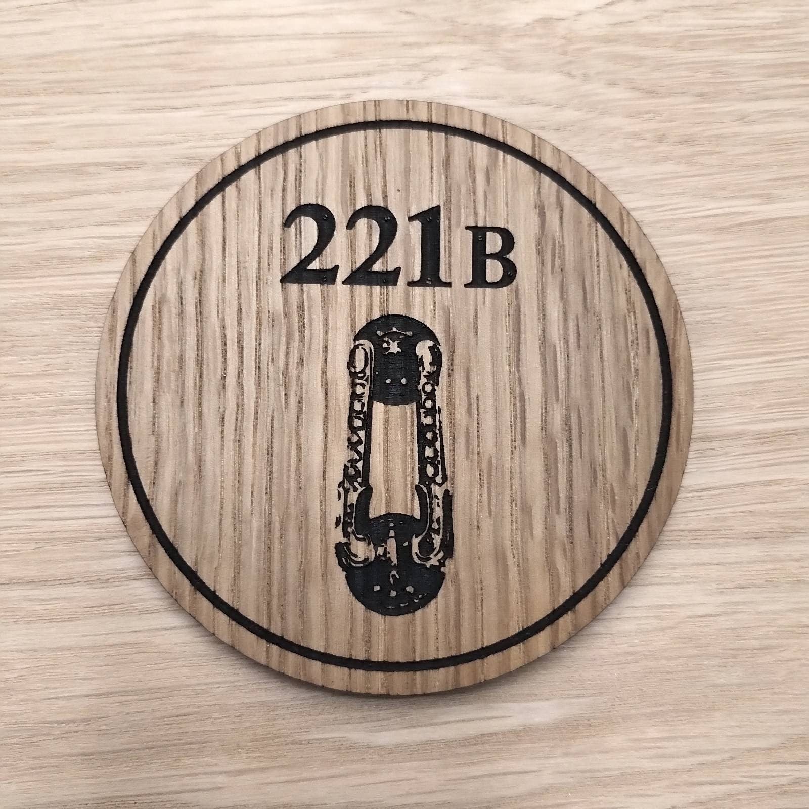 Laser cut wooden coaster personalised. Sherlock Holmes door knocker Baker Street 221B