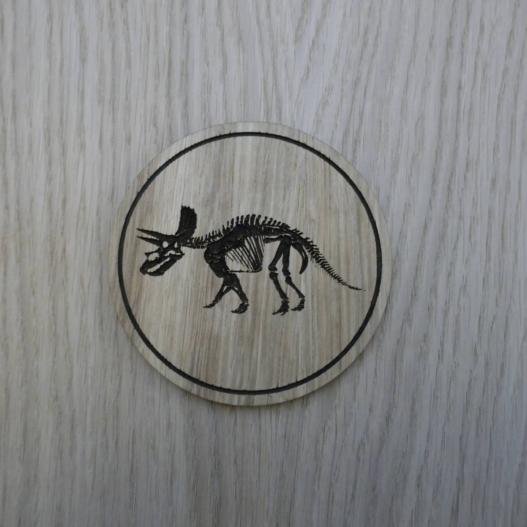 Laser cut wooden coaster personalised. Triceratops Dinosaur Skeleton Fossil