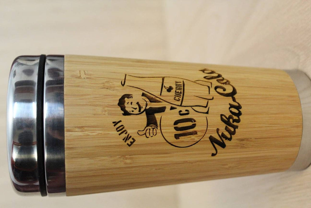 Lasercut Travel Mug personalised - S-Steel with 100% Bamboo exterior - nuka cola