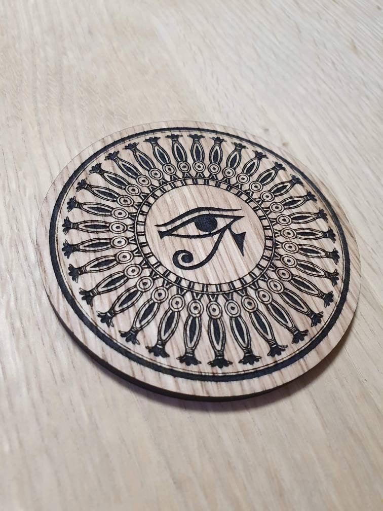Laser cut wooden coaster personalised. Egyptian eye of Ra
