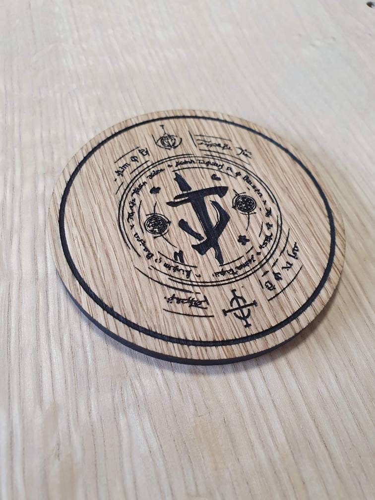 Laser cut wooden coaster personalised. eternal preator coin