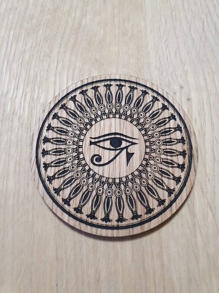 Laser cut wooden coaster personalised. Egyptian eye of Ra