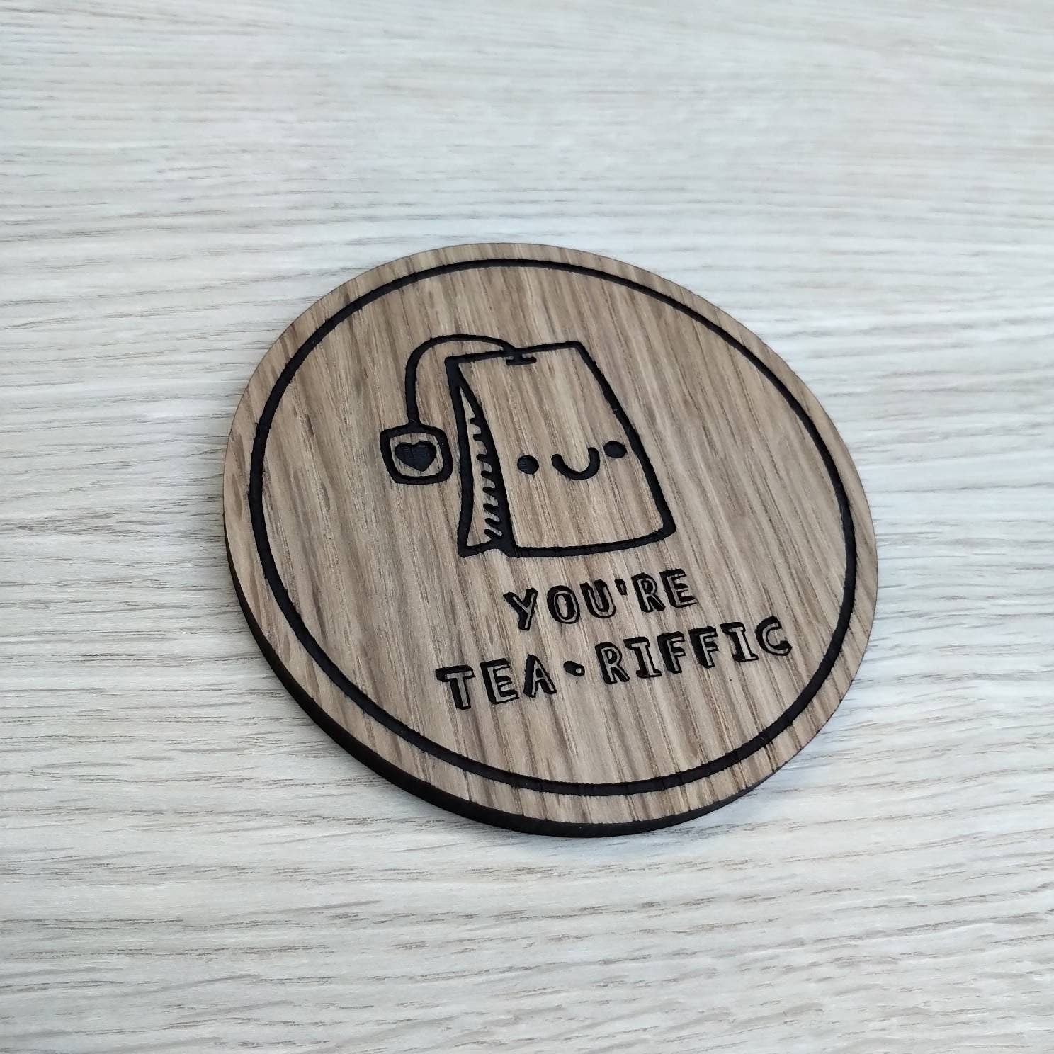 Laser cut wooden coaster personalised. Tea-riffic pun