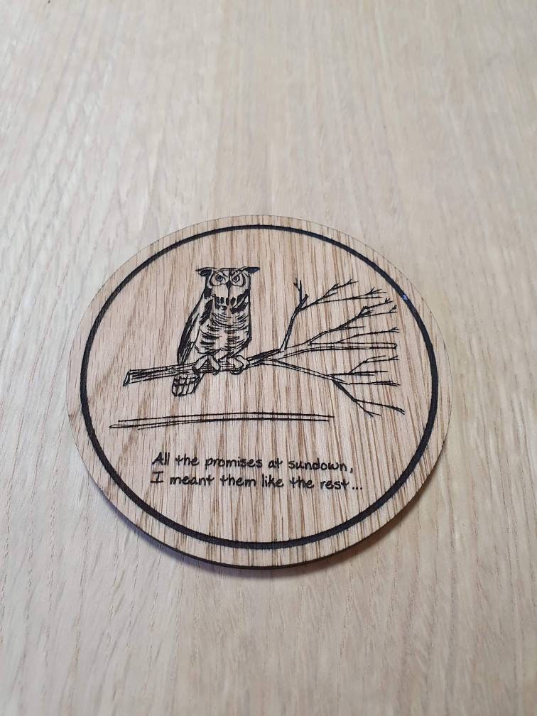 Laser cut wooden coaster personalised. Ellie sketchbook Joel coffee mug owl quote
