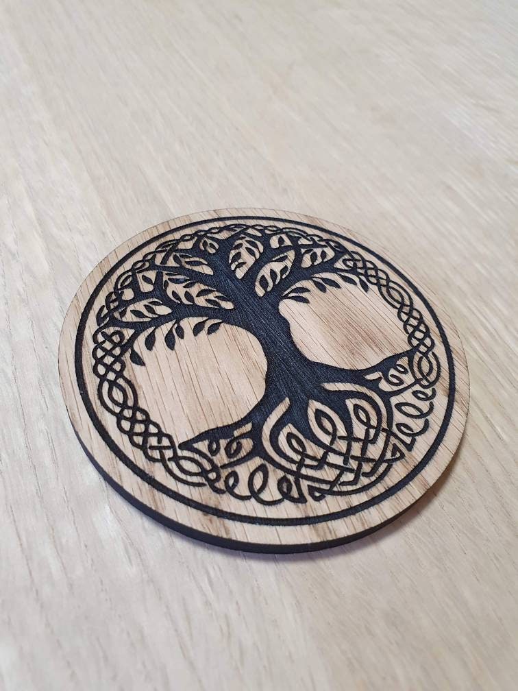 Laser cut wooden coaster personalised. Yggdrasil tree of life Nordic Viking