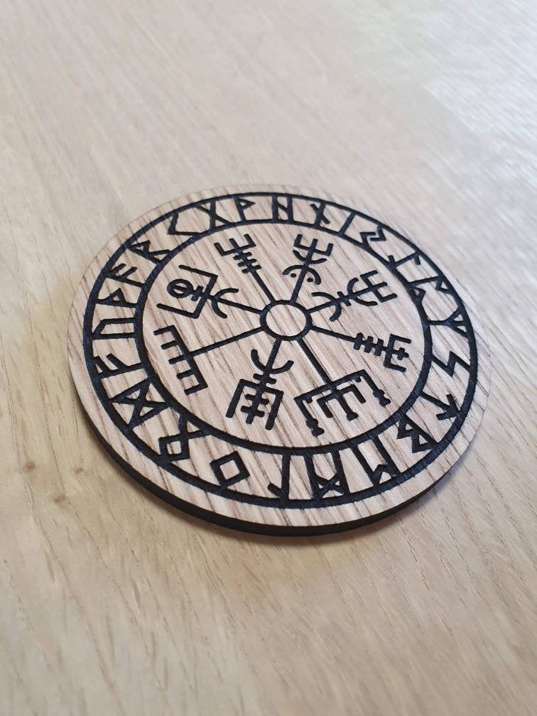 Laser cut wooden coaster personalised. Vegvisir compass Nordic Viking
