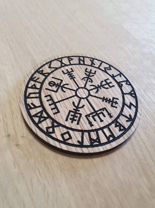 Laser cut wooden coaster personalised. Vegvisir compass Nordic Viking