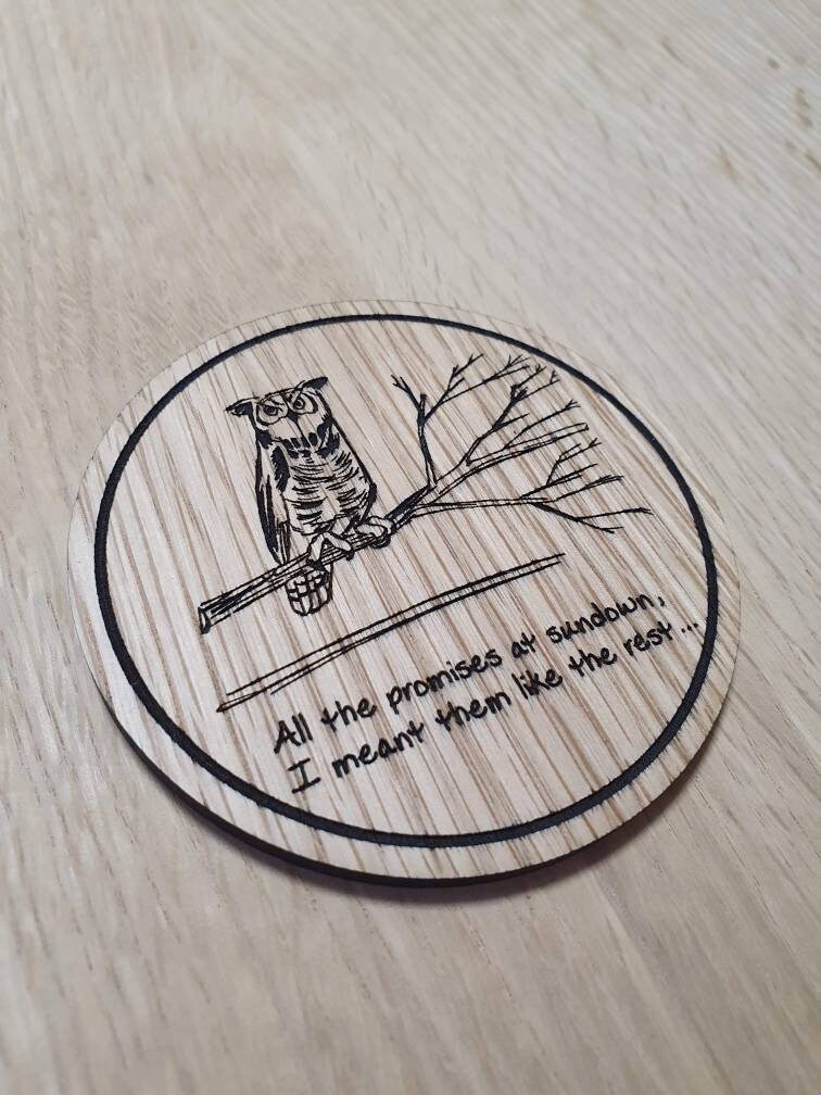 Laser cut wooden coaster personalised. Ellie sketchbook Joel coffee mug owl quote
