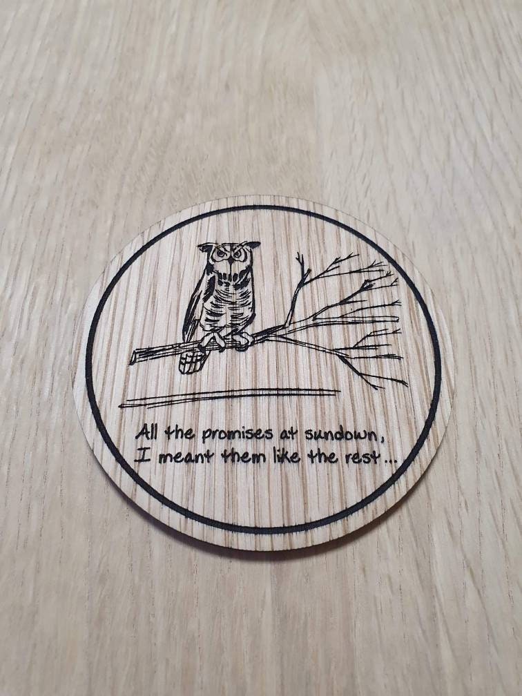 Laser cut wooden coaster personalised. Ellie sketchbook Joel coffee mug owl quote
