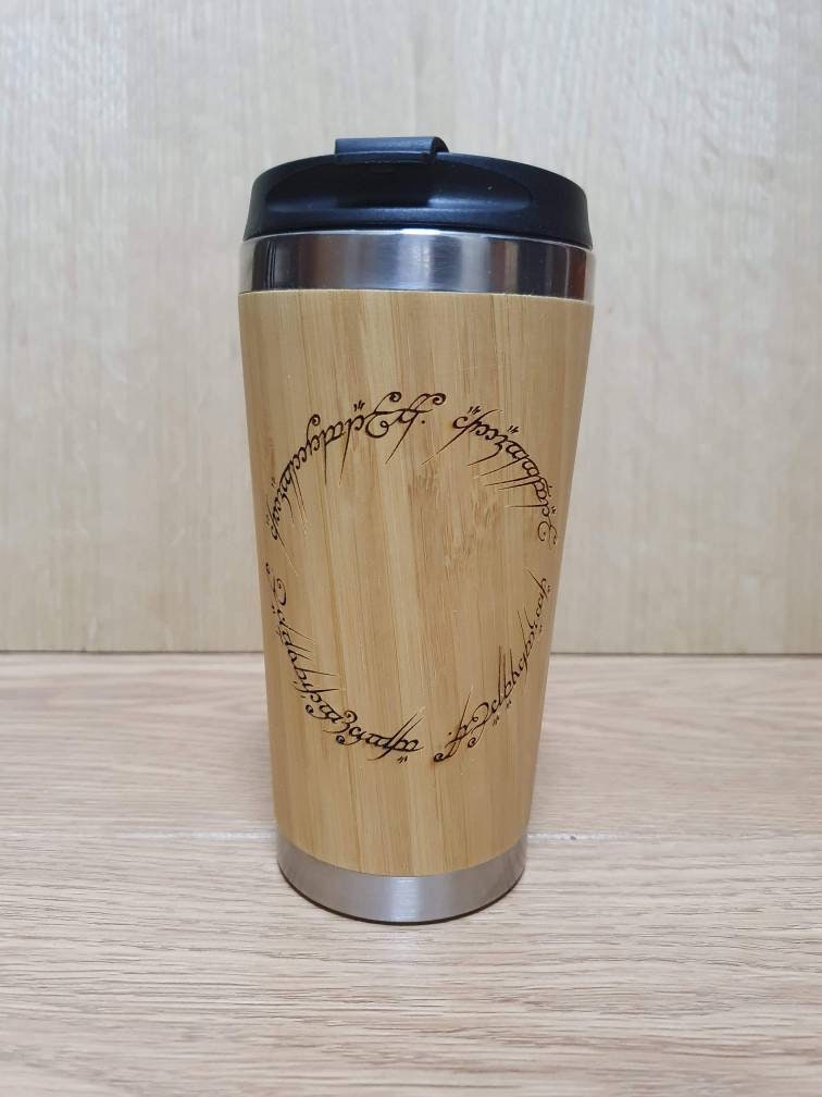 Lasercut Travel Mug personalised - S-Steel with 100% Bamboo exterior - LOTR One ring mug