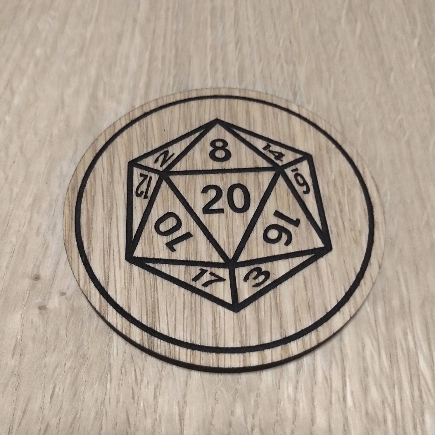 Laser cut wooden coaster personalised. Dungeon master D20 20 at centre