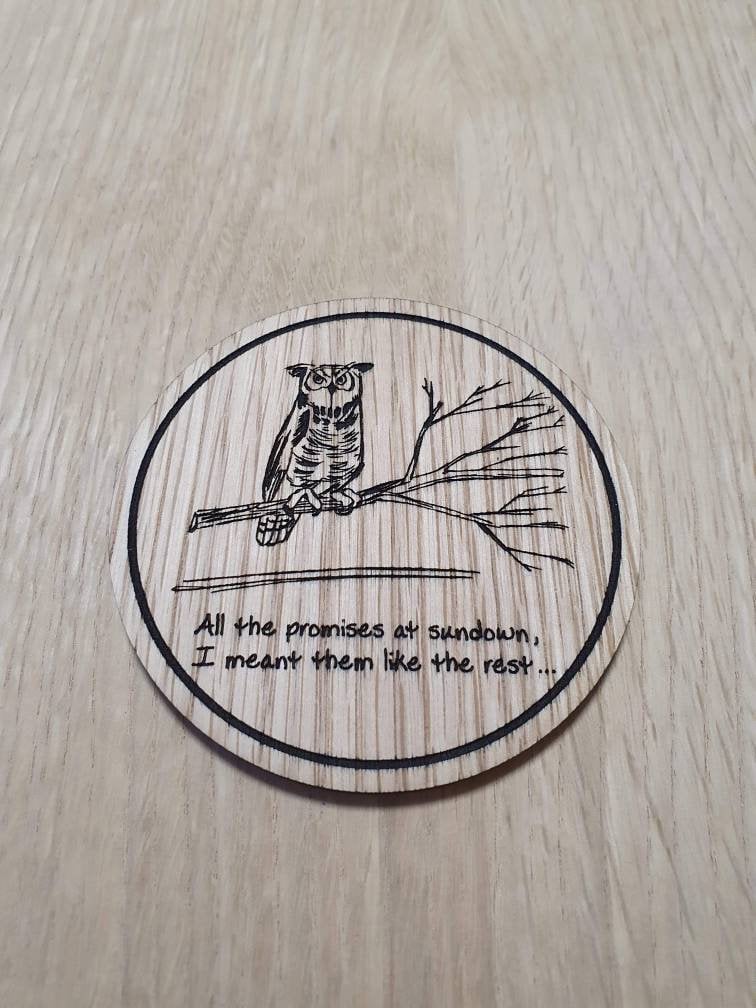Laser cut wooden coaster personalised. Ellie sketchbook Joel coffee mug owl quote