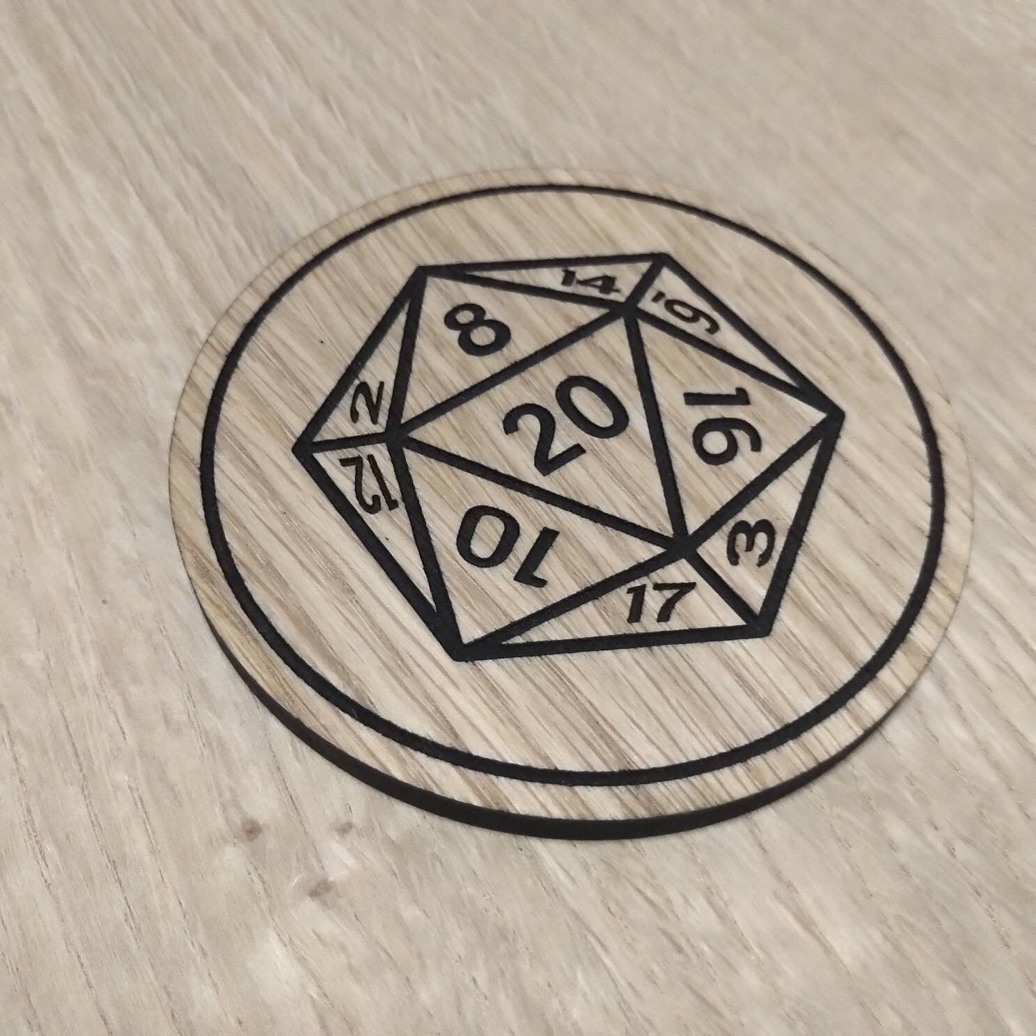Laser cut wooden coaster personalised. Dungeon master D20 20 at centre
