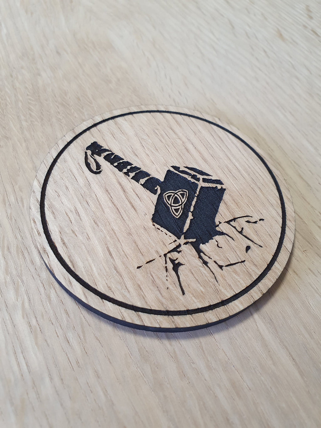 Laser cut wooden coaster personalised. Mjolnir