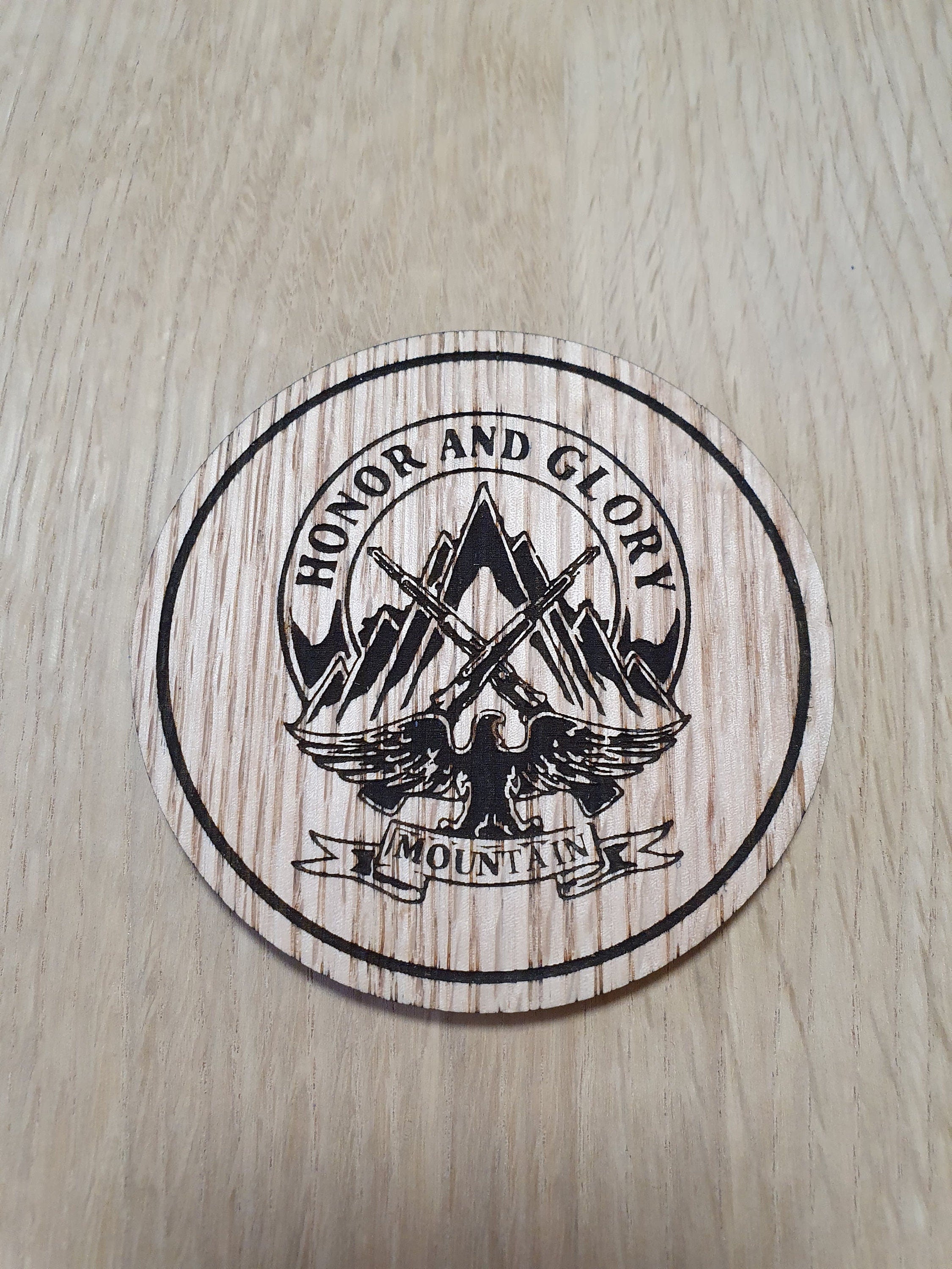 Laser cut wooden coaster. Days Gone Honor and Glory Mountain Tattoo - Unique Gift lasercut