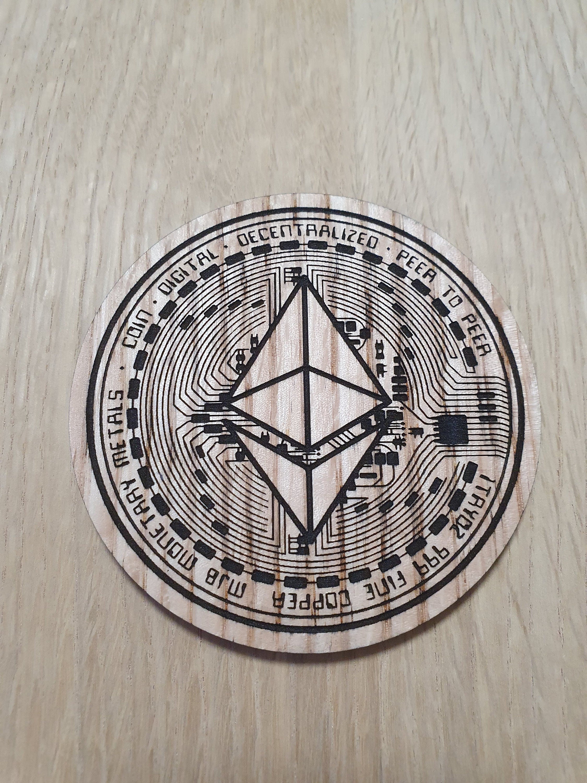 Ethereum ETH Coin Laser Cut Oak Coaster: Crypto Gift