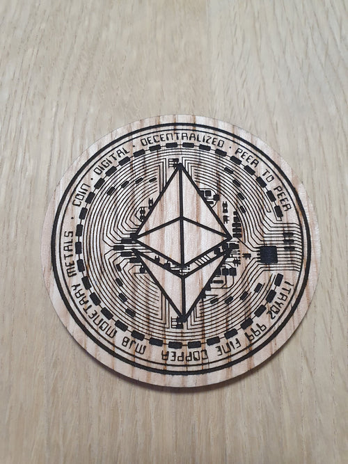 Ethereum ETH Coin Laser Cut Oak Coaster: Crypto Gift