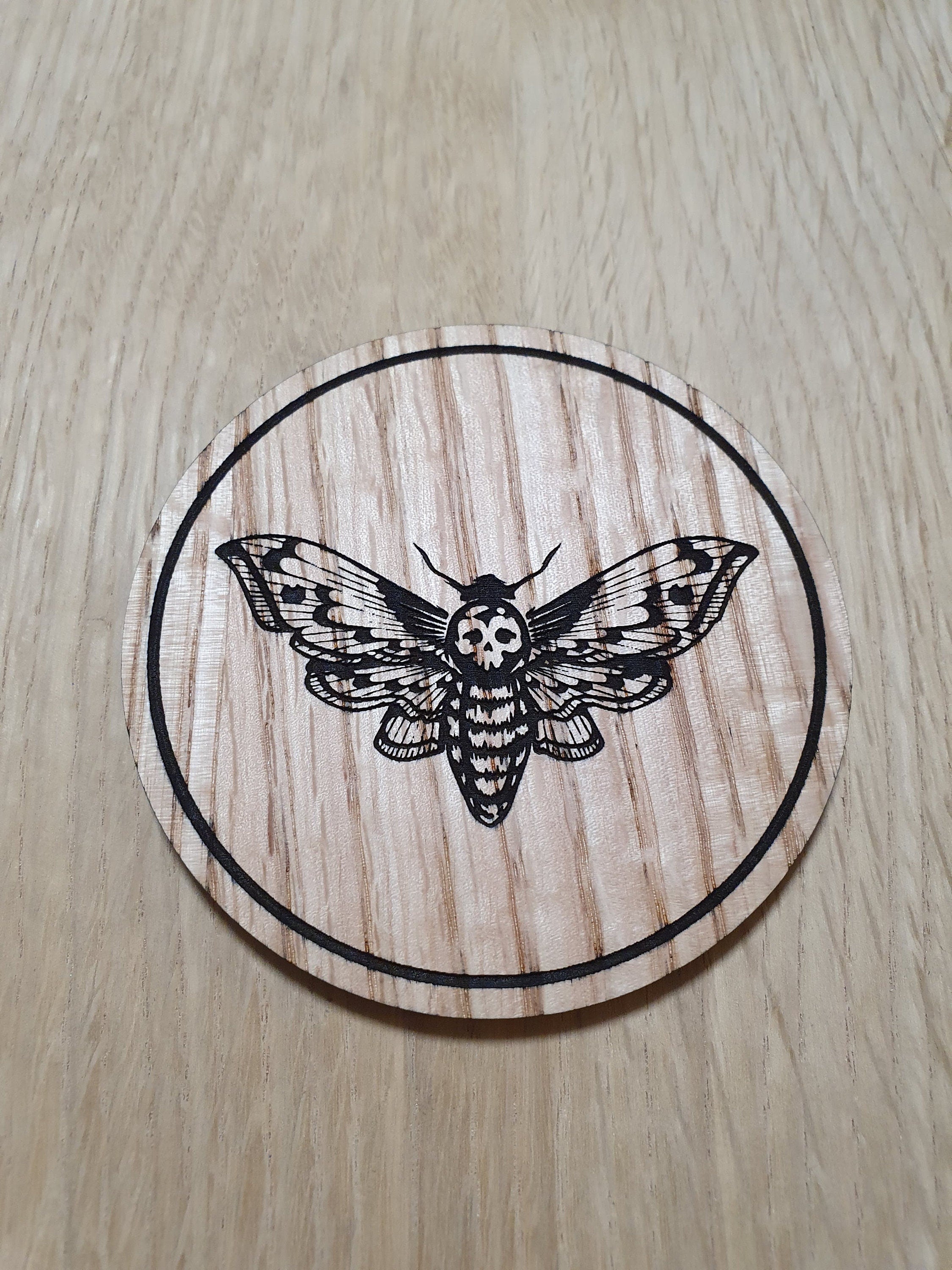 Laser cut wooden coaster. Silence of Lamb Death moth - Unique Gift lasercut