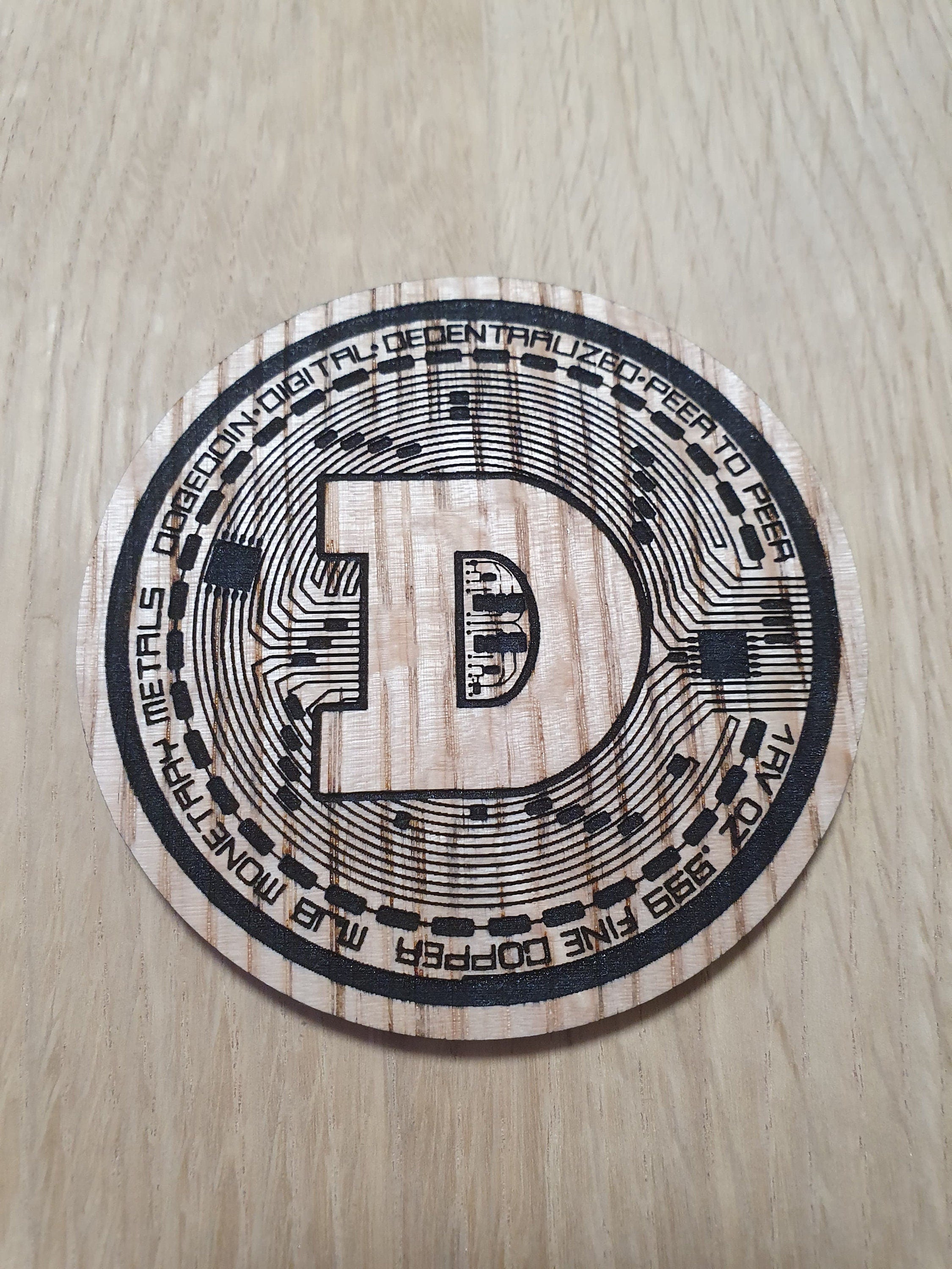 Laser Cut Dogecoin Coaster: Oak Veneer Cryptocurrency Gift