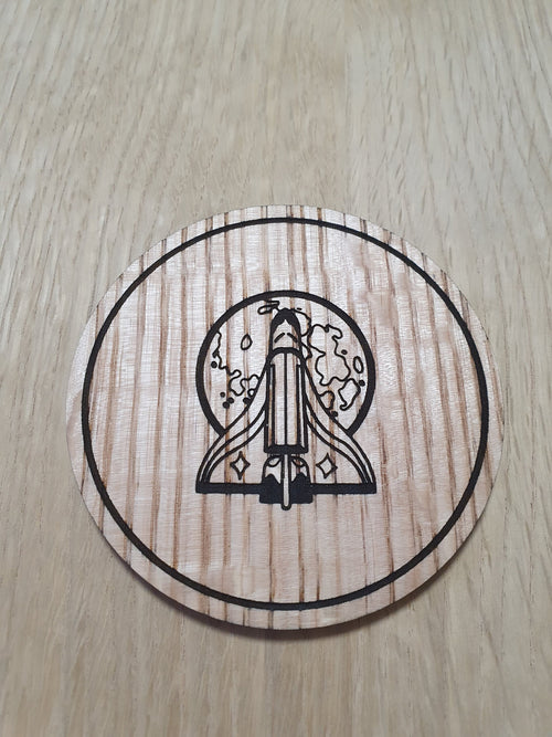 Laser cut wooden coaster personalised. Ellie Space Shuttle pin
