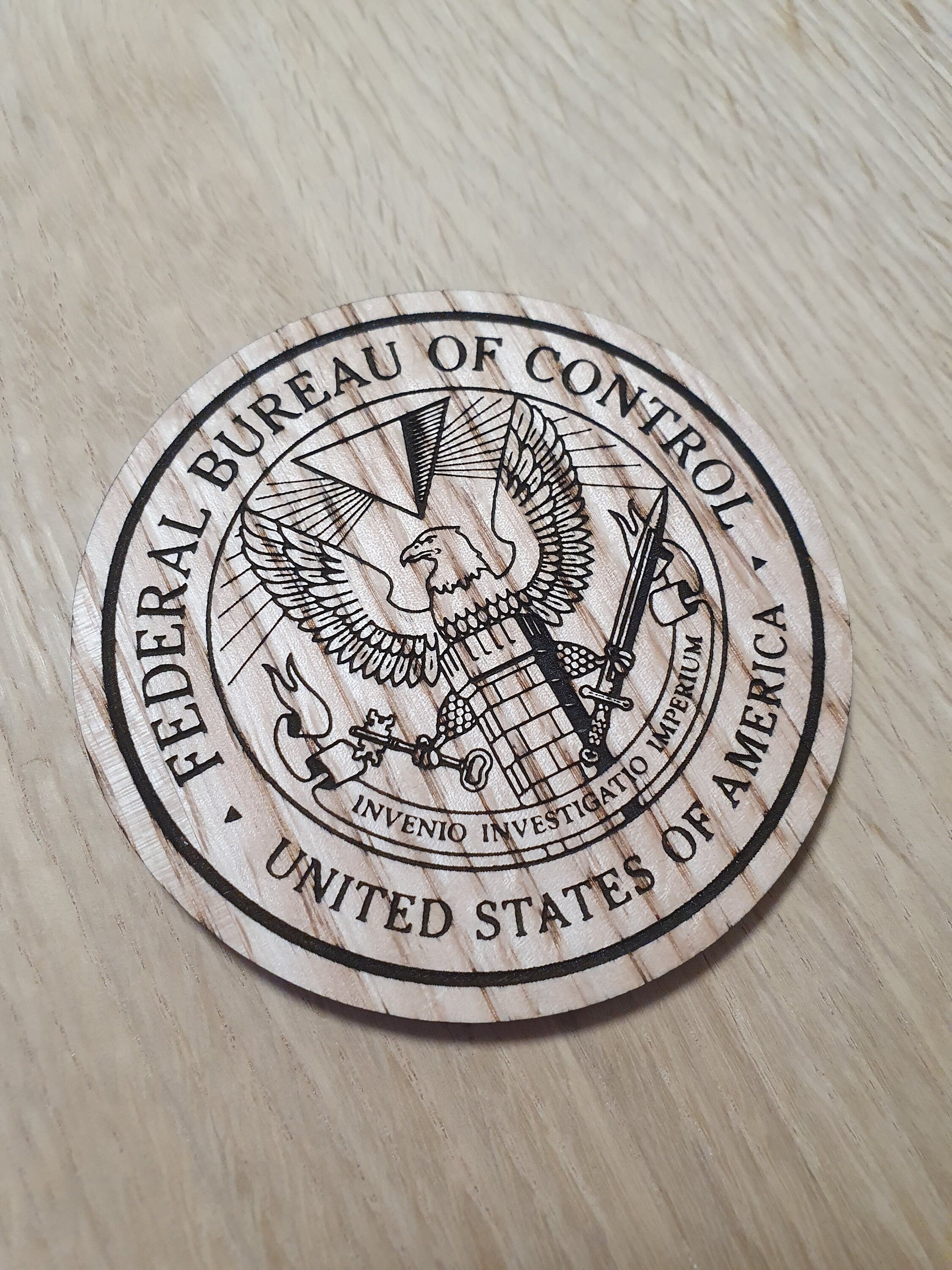 Laser Cut Oak Veneer Coaster: Bureau of Control Design