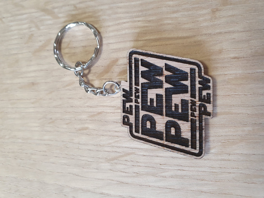 Lasercut wooden keyring keychain. Starwars Pew Pun - Unique Gift