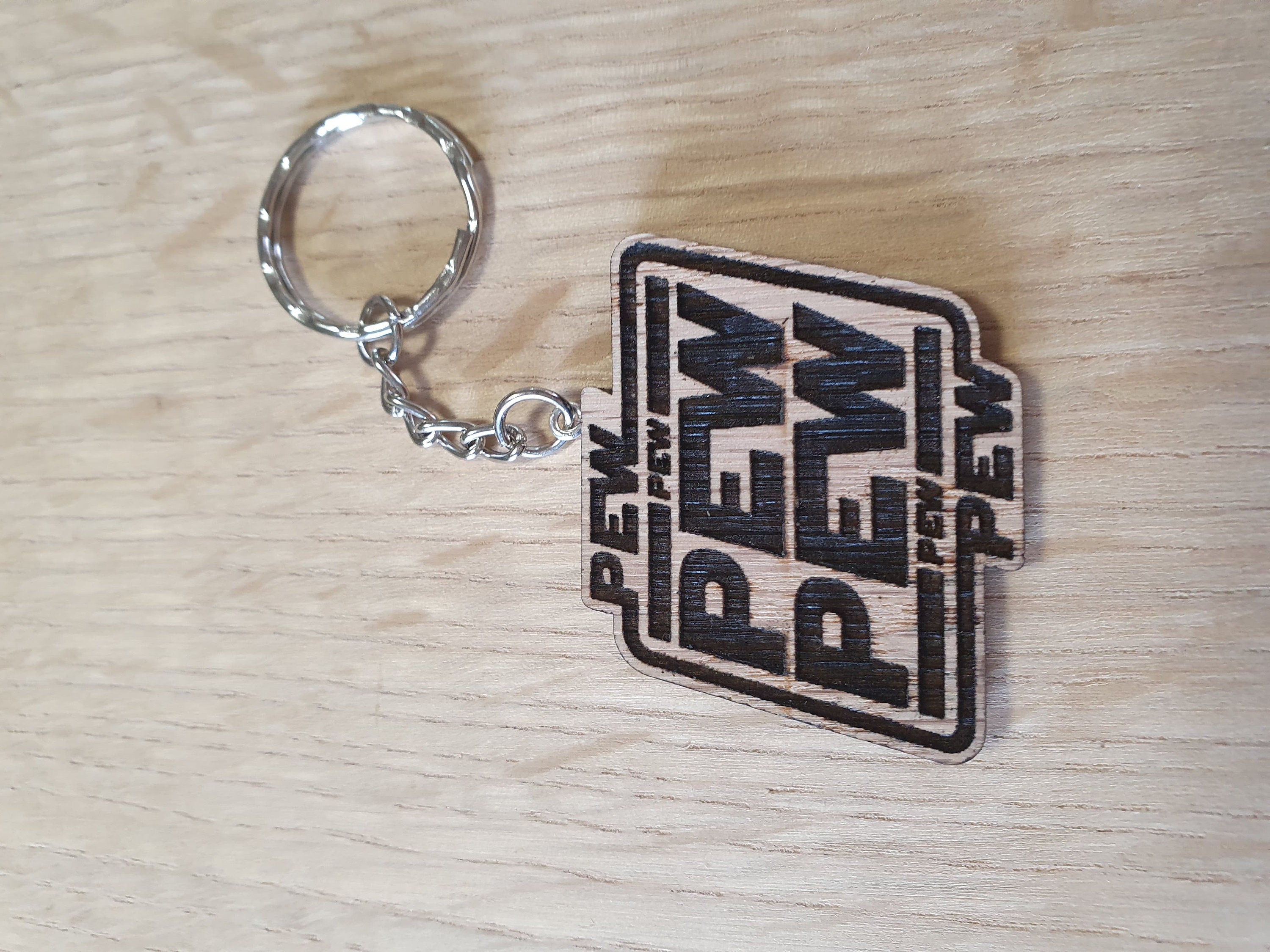 Lasercut wooden keyring keychain. Starwars Pew Pun - Unique Gift