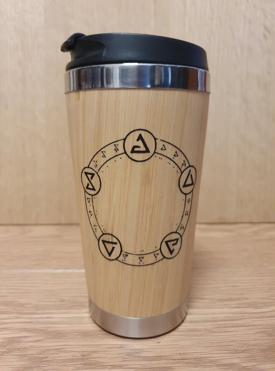 Lasercut Travel Mug - S-Steel with 100% Bamboo exterior - Witcher Runes - Unique Gift for him her friend