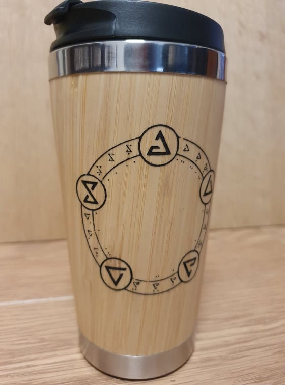 Lasercut Travel Mug - S-Steel with 100% Bamboo exterior - Witcher Runes - Unique Gift for him her friend