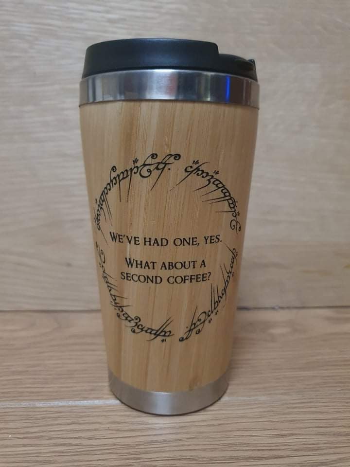 Lasercut Travel Mug - S-Steel with 100% Bamboo exterior - LOTR One ring second breakfast coffee pun - Unique Gift