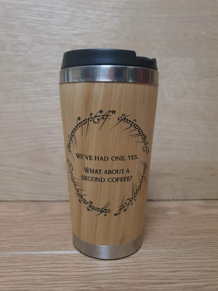 Lasercut Travel Mug - S-Steel with 100% Bamboo exterior - LOTR One ring second breakfast coffee pun - Unique Gift