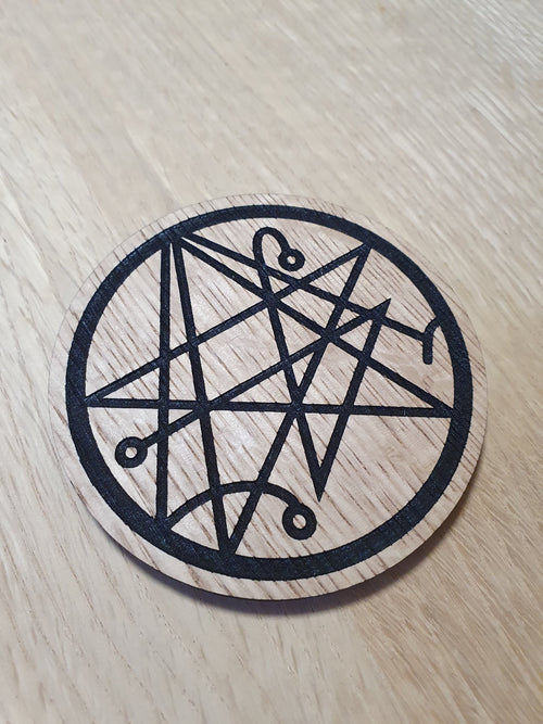 Arkham Horror Coaster: Laser Cut Necronomicon Symbol, Oak Veneer