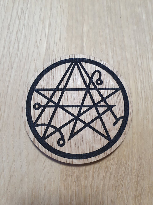 Arkham Horror Coaster: Laser Cut Necronomicon Symbol, Oak Veneer