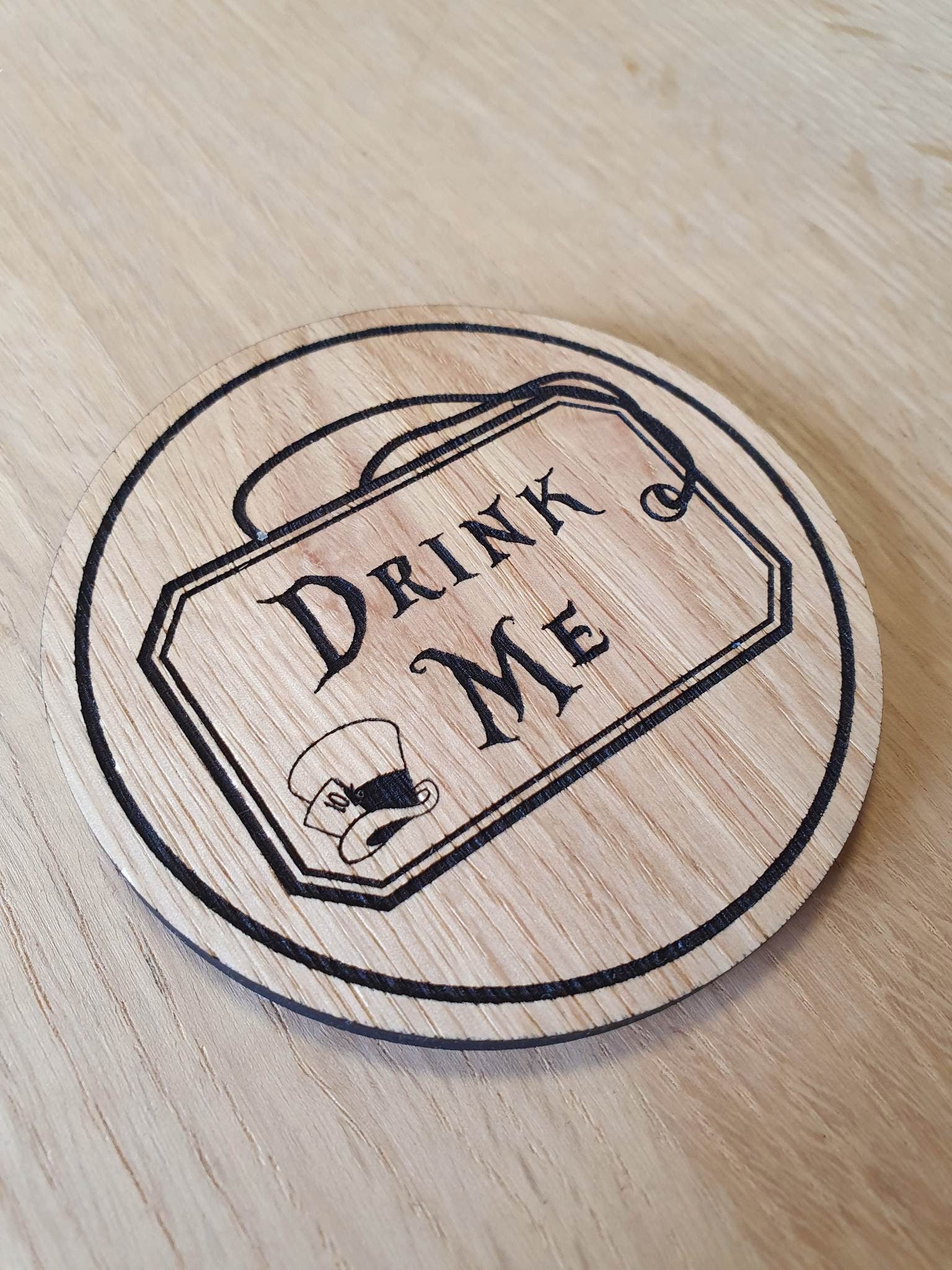 Laser cut wooden coaster. Alice Drink Me - Unique Gift lasercut