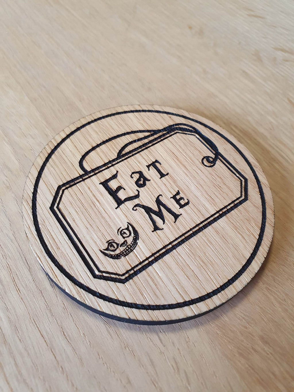 Laser cut wooden coaster. Alice Eat Me - Unique Gift lasercut
