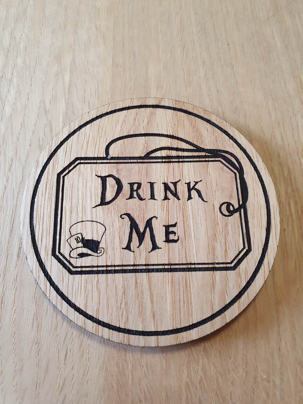 Laser cut wooden coaster. Alice Eat Me Drink Me Double Deal - Unique Gift lasercut