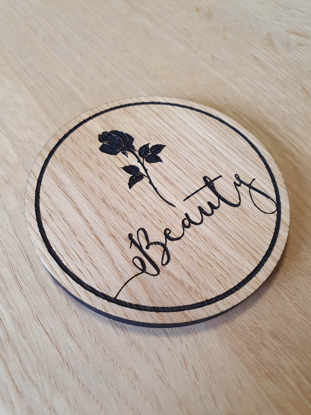 Laser Cut Oak Veneer Coaster Set: Beauty and Beast Design