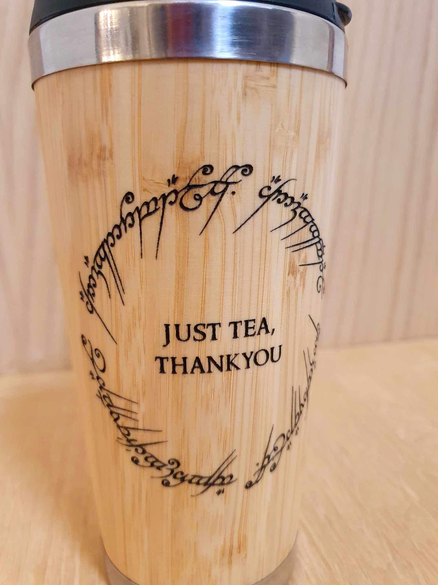Lasercut Travel Mug - S-Steel with 100% Bamboo exterior - One ring just tea pun - Unique Gift