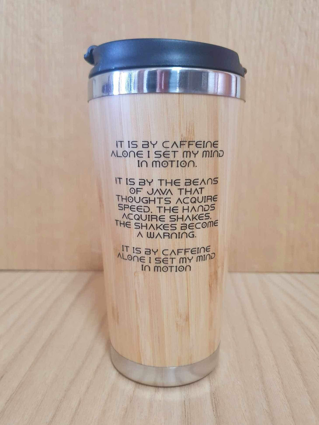 Lasercut Travel Mug - S-Steel with 100% Bamboo exterior - Dune coffee tea quote pun - Unique Gift