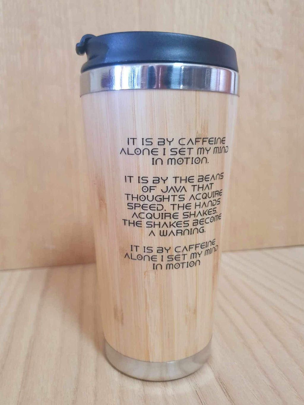 Lasercut Travel Mug - S-Steel with 100% Bamboo exterior - Dune coffee tea quote pun - Unique Gift