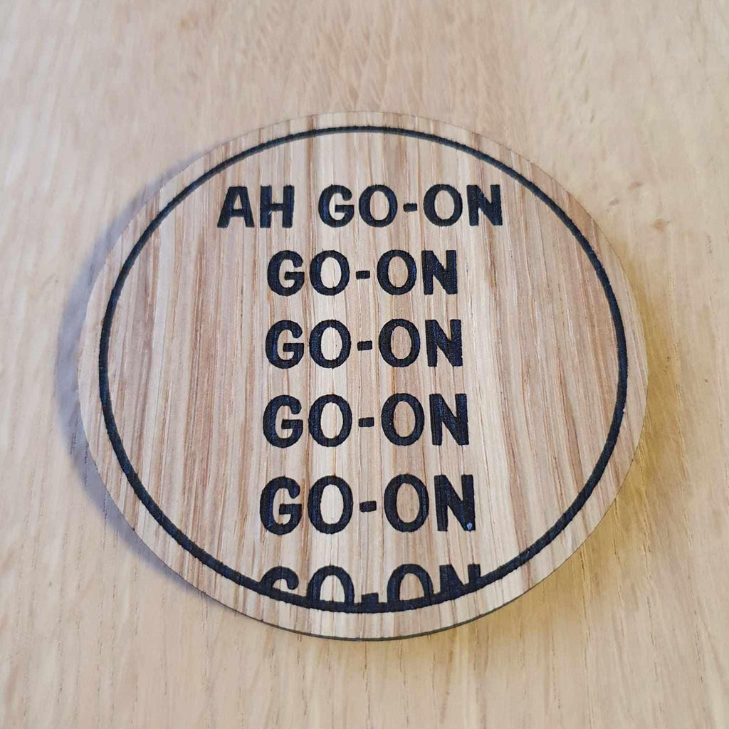 Father Ted Quote Coaster: Laser Cut Oak Veneer, "Ah Go On"