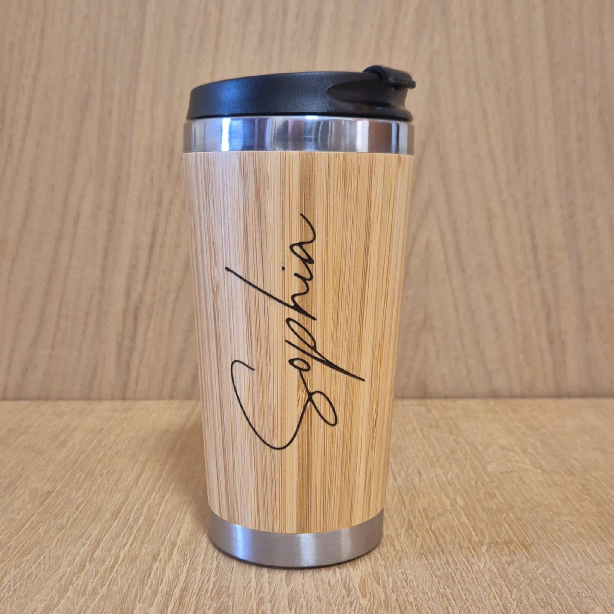Laser Engraved Bamboo Travel Mug: Personalized Stainless Steel Mug